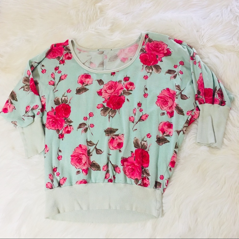 🌸Aqua Sweater W/ Pink Floral Design🌸